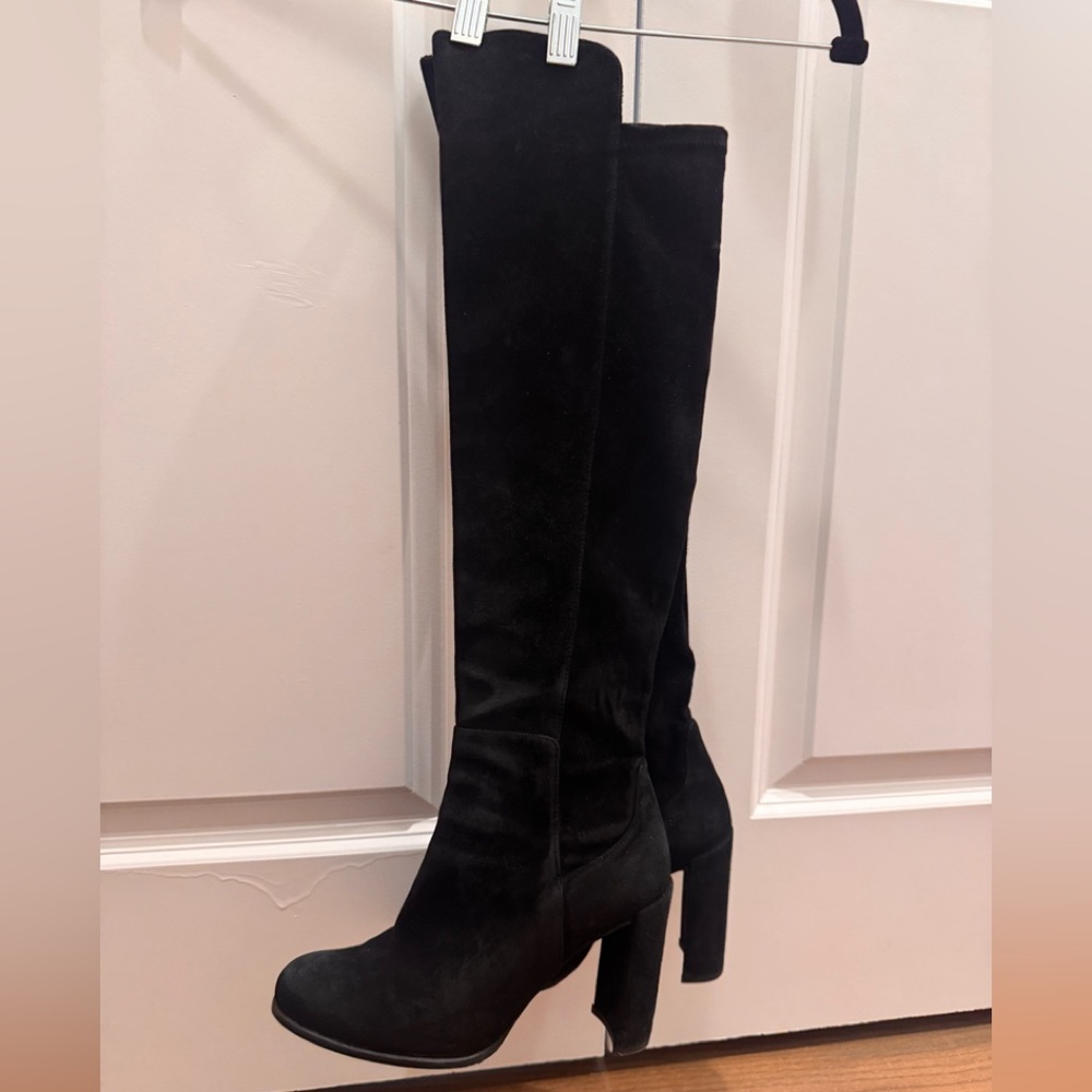 Stuart Weitzman Black Suede Over-the-Knee Block Heel Boots